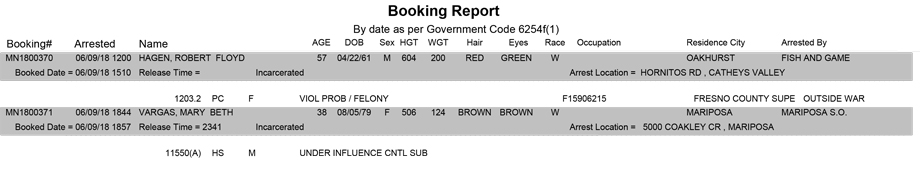 mariposa county booking report for june 9 2018