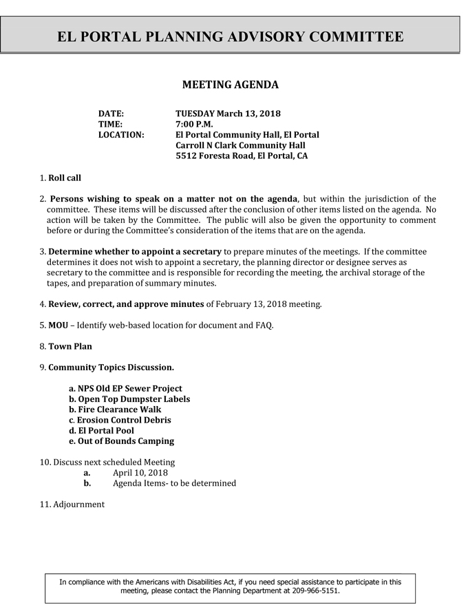 2018 03 13 mariposa county El Portal Planning Advisory Committee Public Agenda march 13 2018