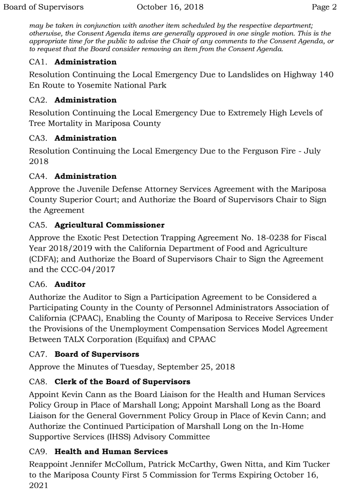 2018 10 16 mariposa county Board of Supervisors Agenda october 16 2018 2