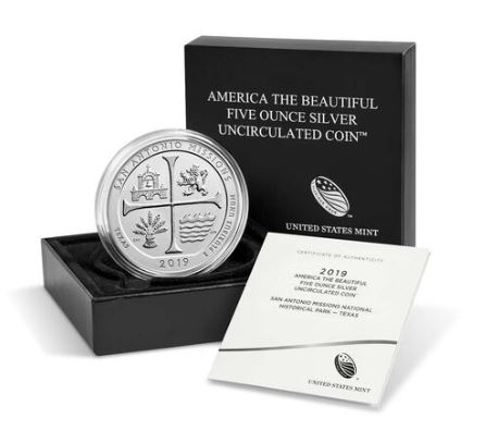 us mint five ounce san antonio missions uncirculated silver coin