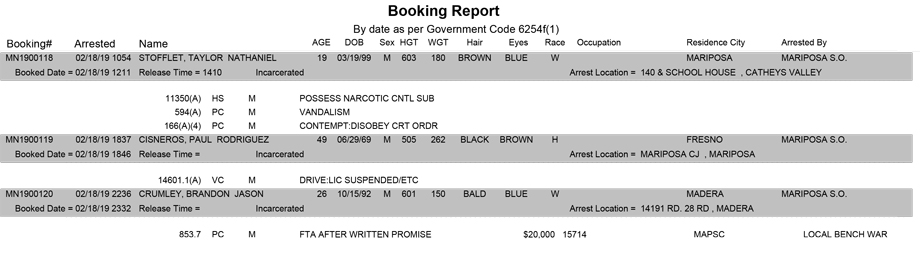 mariposa county booking report for february 18 2019
