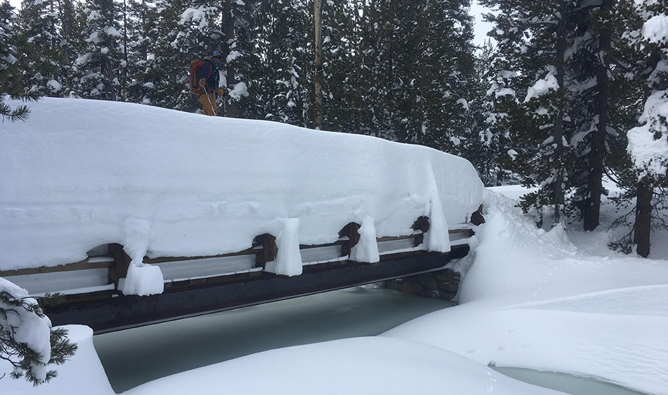 yosemite skier on bridge over dana fork