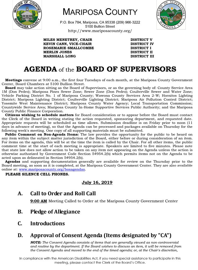 2019 07 16 mariposa county Board of Supervisors agenda 1