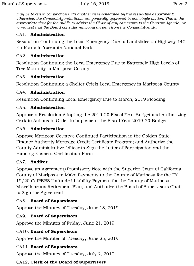 2019 07 16 mariposa county Board of Supervisors agenda 2
