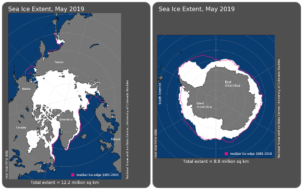 Maps of May 2019 Arctic and Antarctic Sea Ice Extent