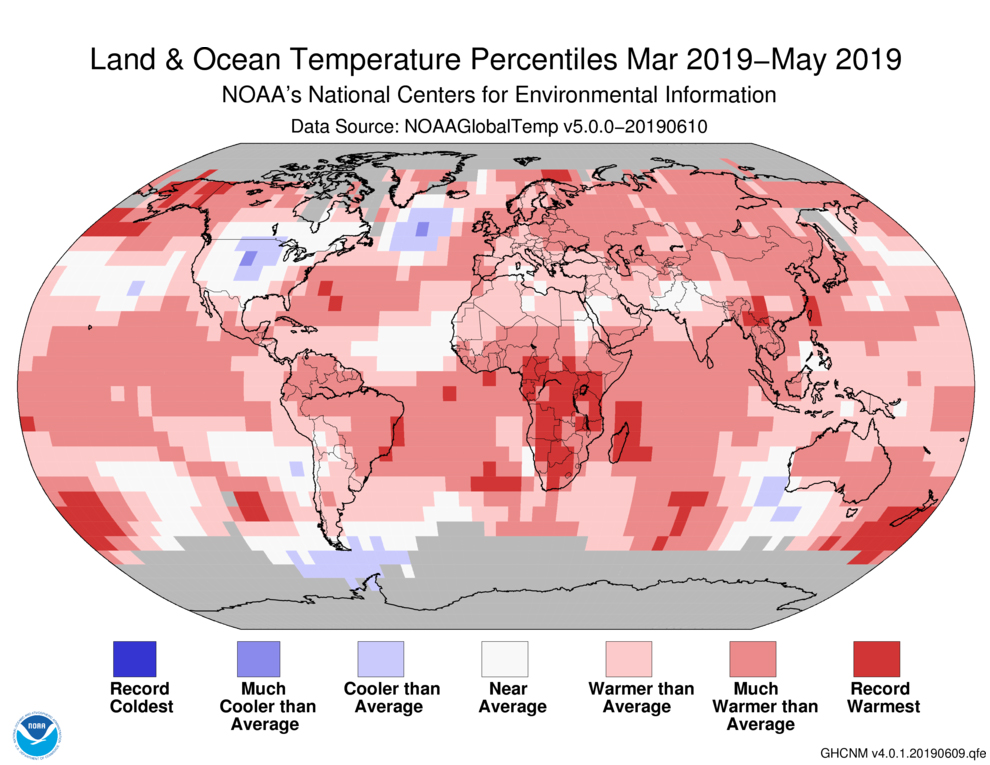 March May 2019 Global Temperature Percentiles Map