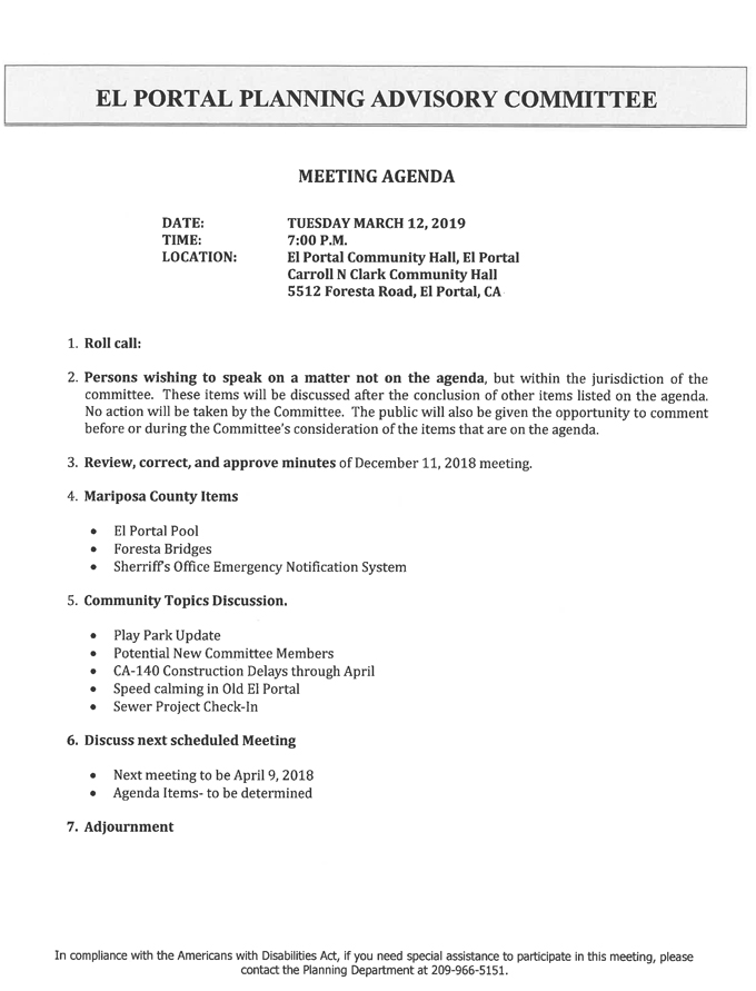 2019 03 12 mariposa county El Portal Planning Advisory Committee agenda march 12 2019