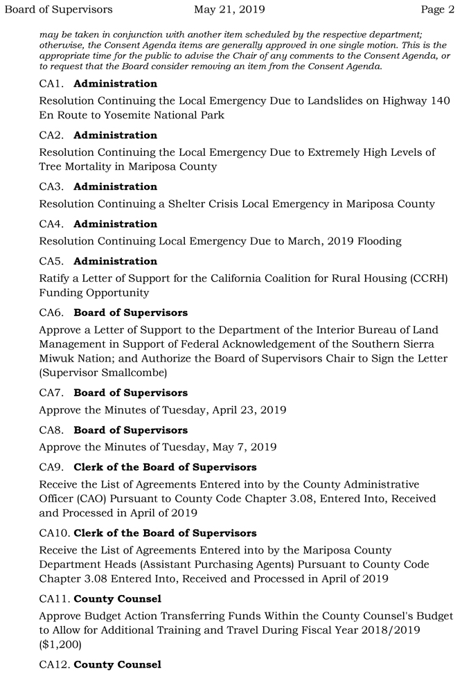 2019 05 21 mariposa county Board of Supervisors Agenda 2
