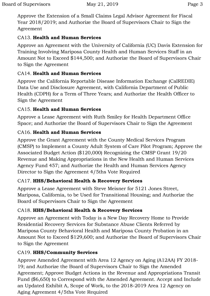 2019 05 21 mariposa county Board of Supervisors Agenda 3