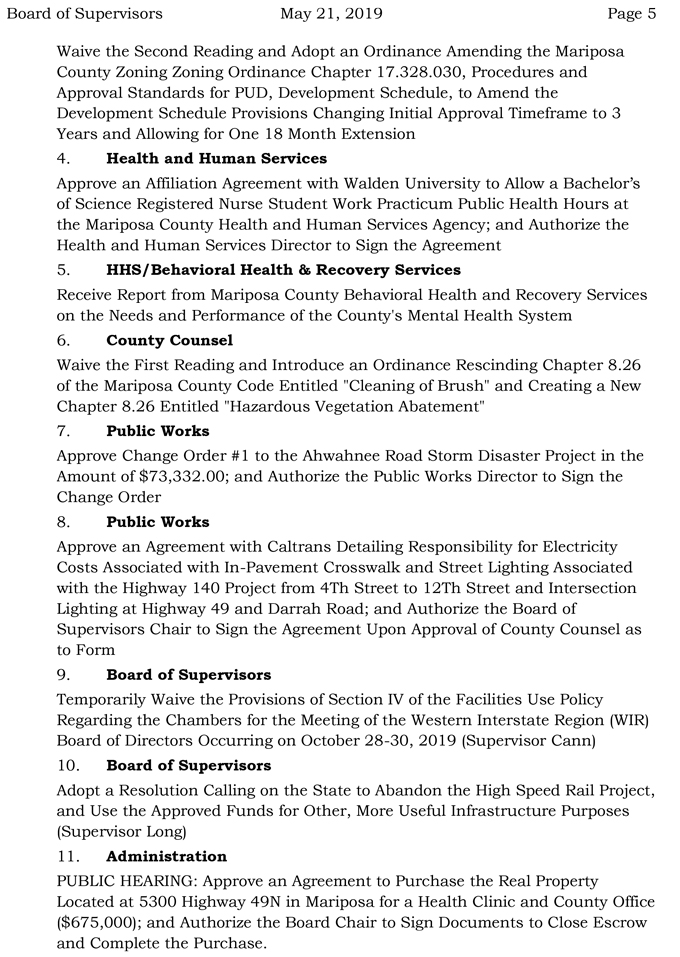 2019 05 21 mariposa county Board of Supervisors Agenda 5