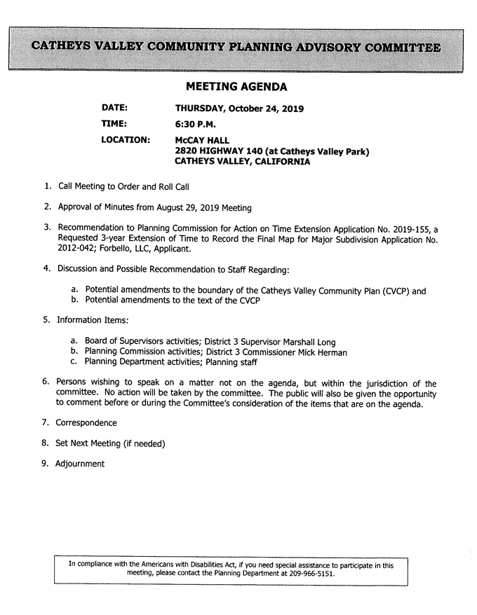 2019 10 24 Catheys Valley Community Planning Advisory Committee agenda