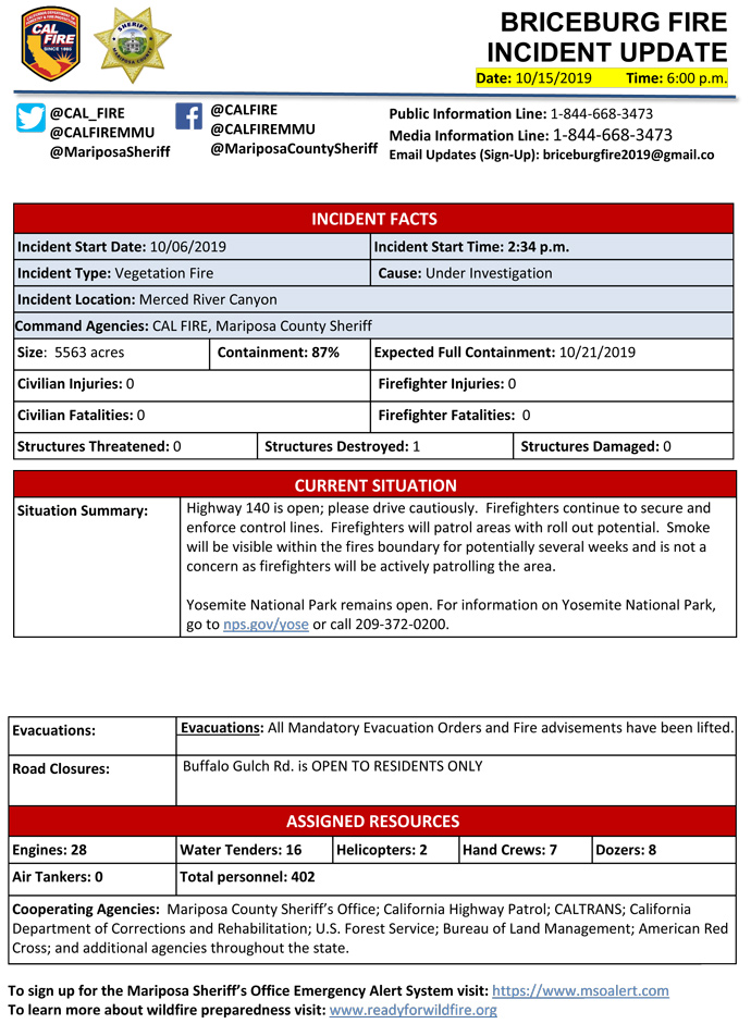 BRICEBURG FIRE UPDATE 10 15 2019 PM