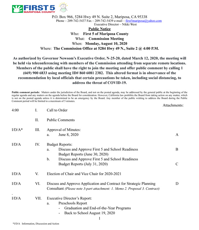 2020 08 10 First 5 of Mariposa County agenda 1