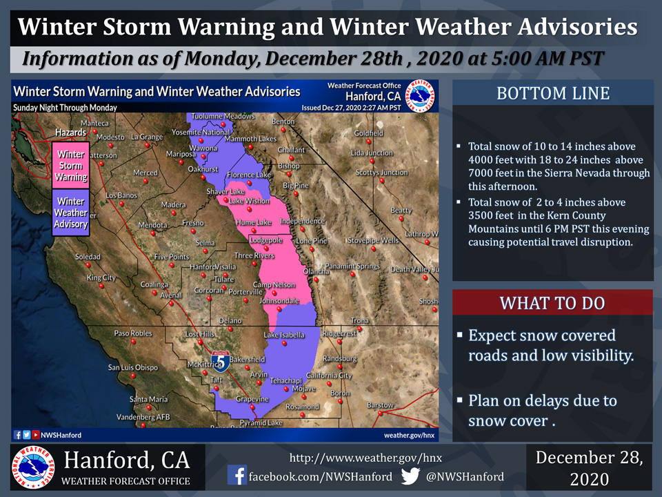 National Weather Service Winter Weather Advisory Covers Yosemite National Park, Bass Lake, Fish Camp, and Wawona Until Noon Today - Vimarsana News