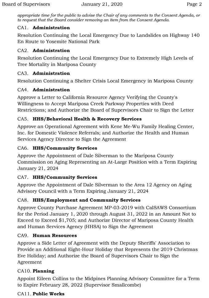 2020 01 21 Board of Supervisors agenda 2