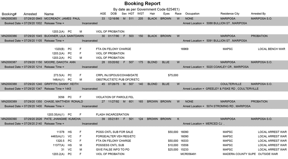 mariposa county booking report for july 29 2020