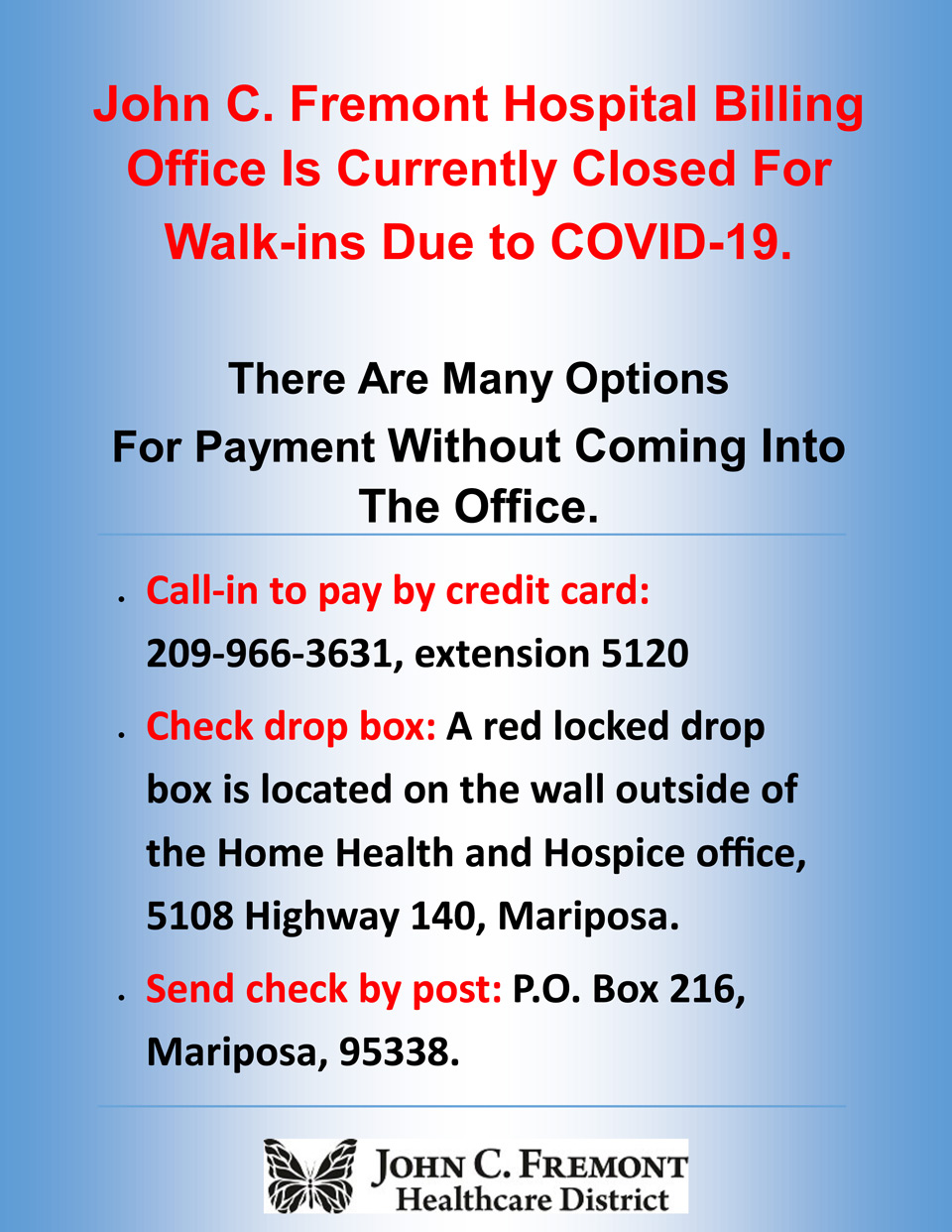 Billing Department Closed During Coronavirus
