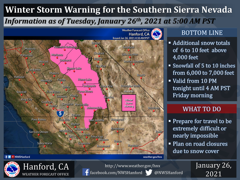 Winter Storm Warning Issued for the Southern Sierra Nevada Above 2,000 Feet Beginning at 10:00 P.M. Tonight (Tuesday) – Includes Mariposa, Oakhurst and Yosemite - Vimarsana News