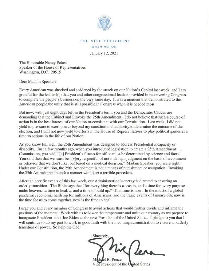 letter speaker nancy pelosi 25th amendment pence trump