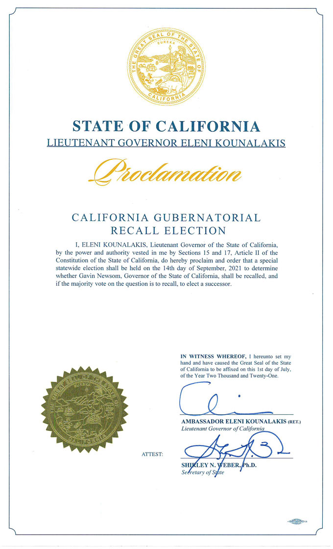 Recall Proclamation LG Eleni Kounalakis Certified