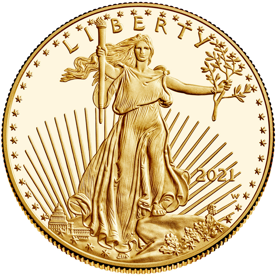 us mint 2021 american eagle gold one ounce proof coin obverse old design
