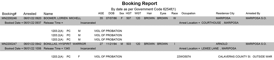 mariposa county booking report for june 1 2022
