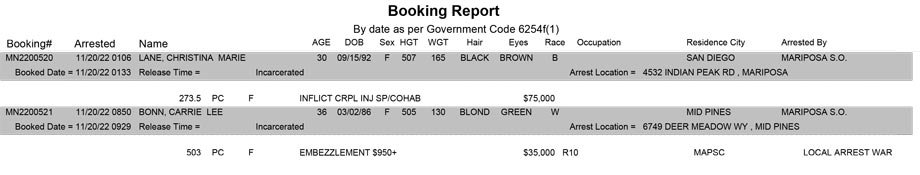 mariposa county booking report for november 20 2022