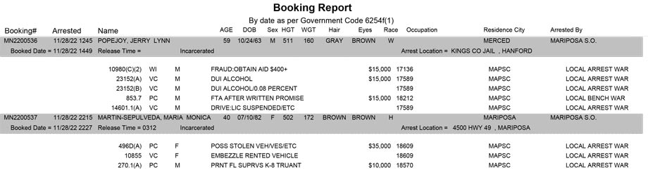 mariposa county booking report for november 28 2022