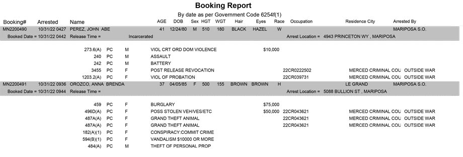 mariposa county booking report for october 31 2022