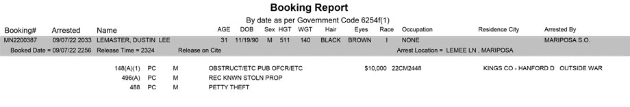 mariposa county booking report for september 7 2022