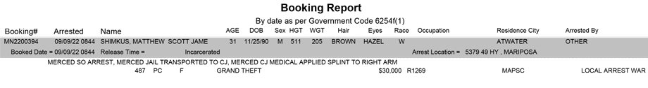 mariposa county booking report for september 9 2022