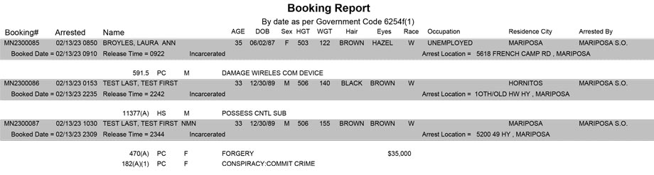 mariposa county booking report for february 13 2023