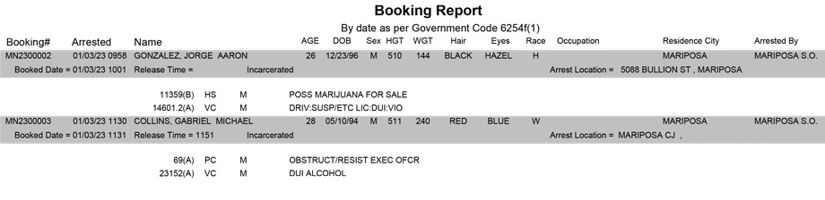 mariposa county booking report for january 3 2023