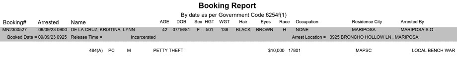 mariposa county booking report for september 9 2023