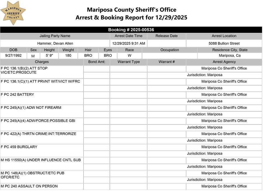 mariposa county booking report for december 29 2025 a