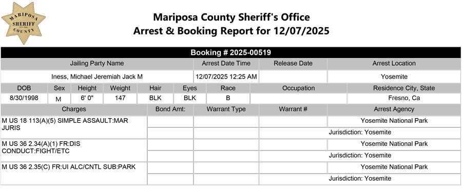 mariposa county booking report for december 7 2025