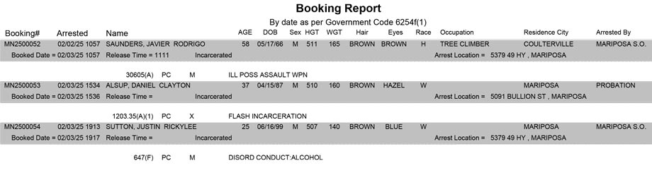 mariposa county booking report for february 3 2025