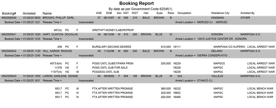 mariposa county booking report for january 28 2025