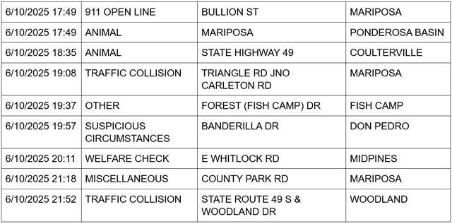 mariposa county booking report for june 10 2025 2