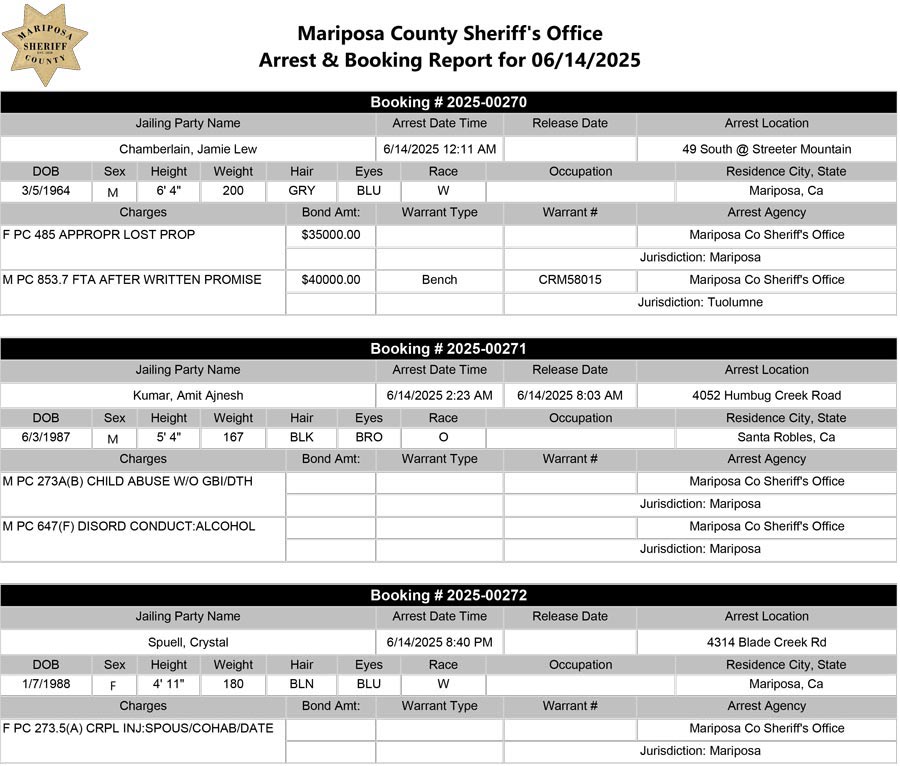 mariposa county booking report for june 14 2025