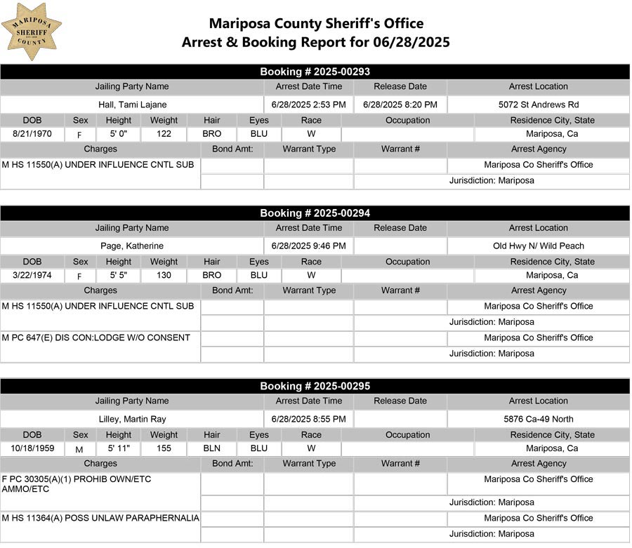 mariposa county booking report for june 28 2025