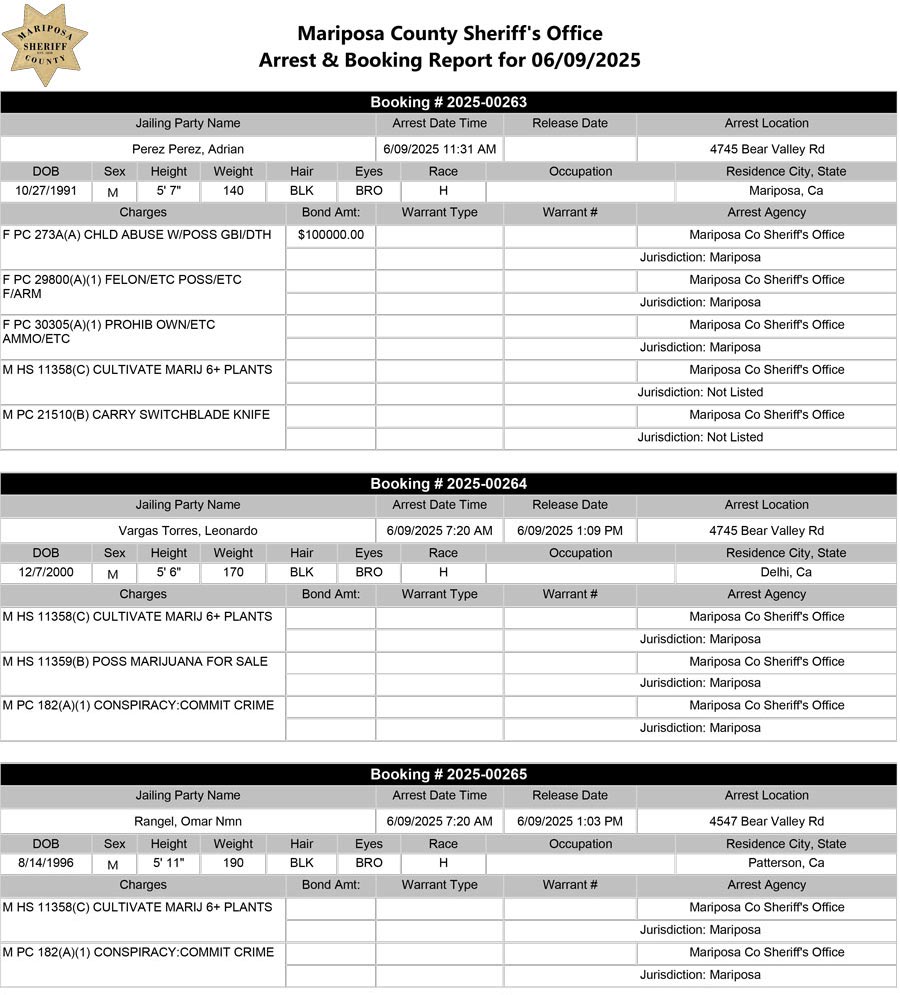 mariposa county booking report for june 9 2025
