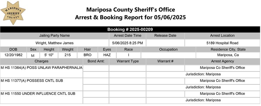 mariposa county booking report for may 6 2025