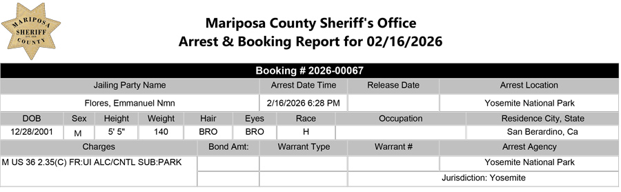 mariposa county booking report for february 16 2026
