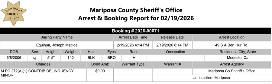 mariposa county booking report for february 19 2026