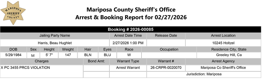mariposa county booking report for february 27 2026