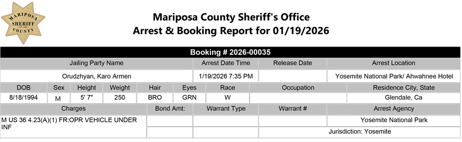 mariposa county booking report for january 19 2026