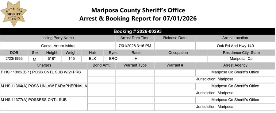 mariposa county booking report for june 30-2026