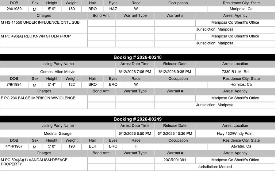 mariposa county booking report for june 12 2026 b