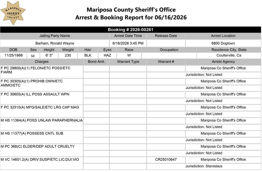 mariposa county booking report for june 16 2026 a